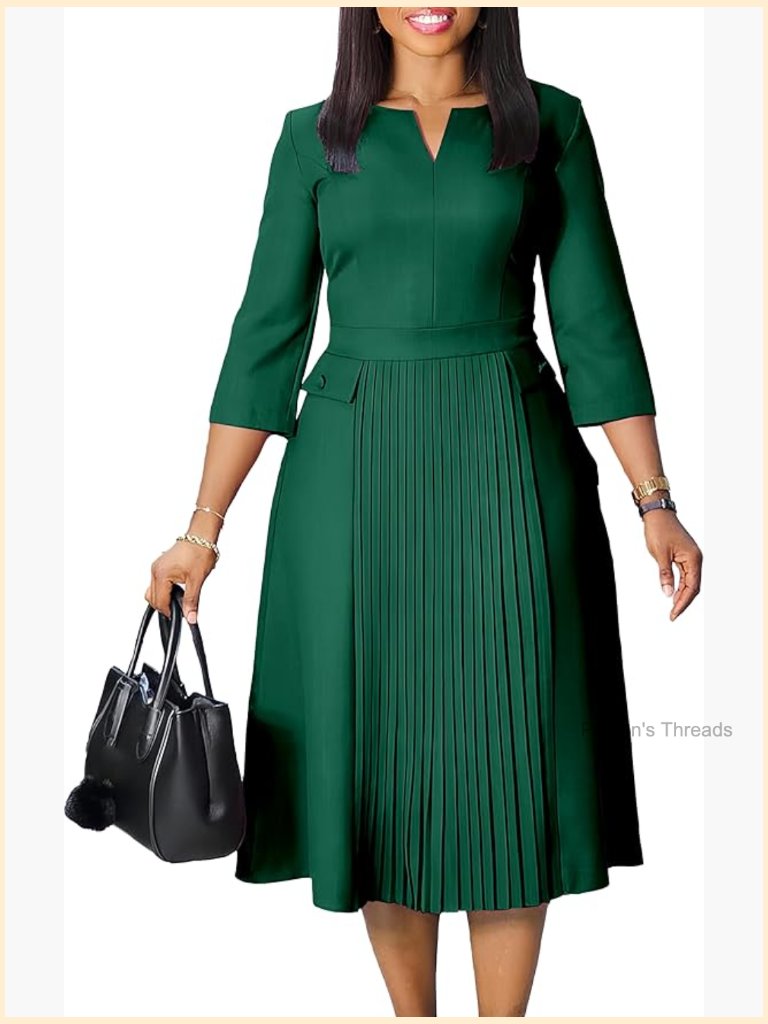 Midi A-Line Dress With 3/4 Sleeves For Work Or Party
